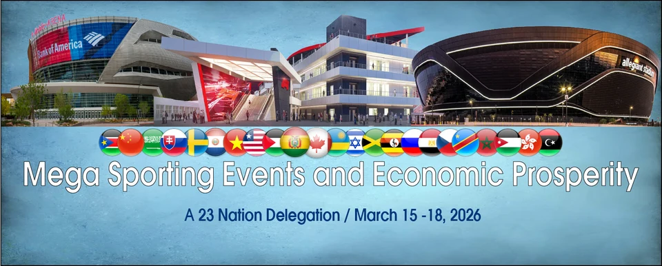 Mega sporting events delegation graphic, March 15–18, 2026; readable text follows.
