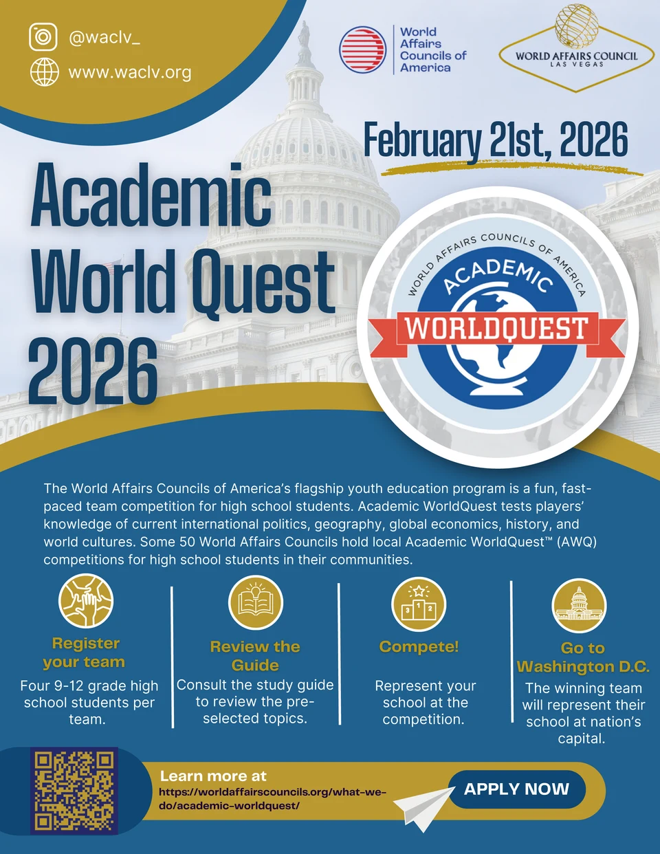 Academic WorldQuest flyer dated February 21, 2026; readable text follows.