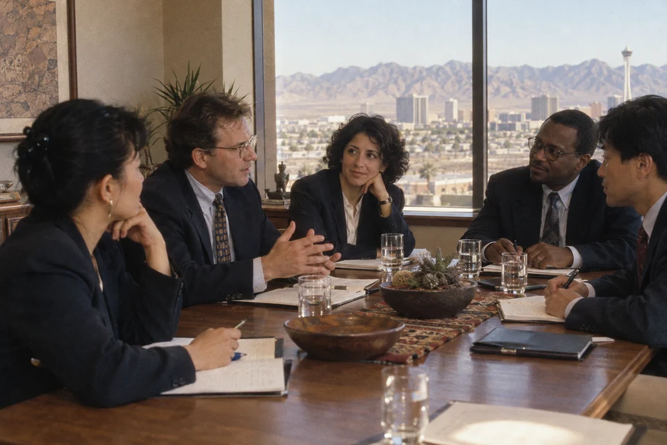 Editorial illustration of fictional professionals exchanging ideas in a Las Vegas meeting room
