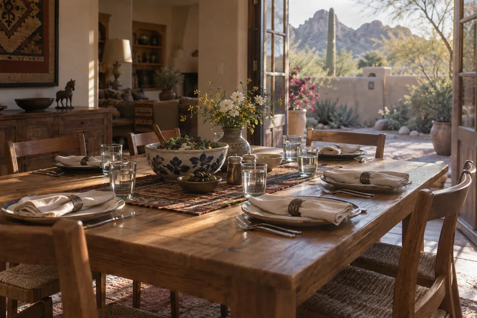 Fictional editorial illustration: hospitality table